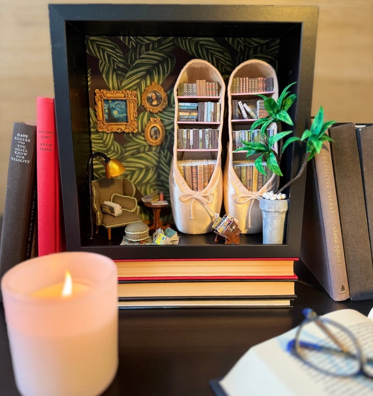 Bespoke framed pointe shoe artwork with bookshelf design