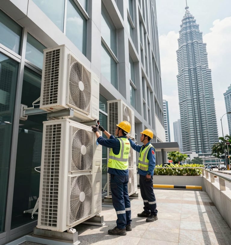 A skilled technician inspecting HVAC equipment on a commercial building rooftop in Kuala Lumpur.