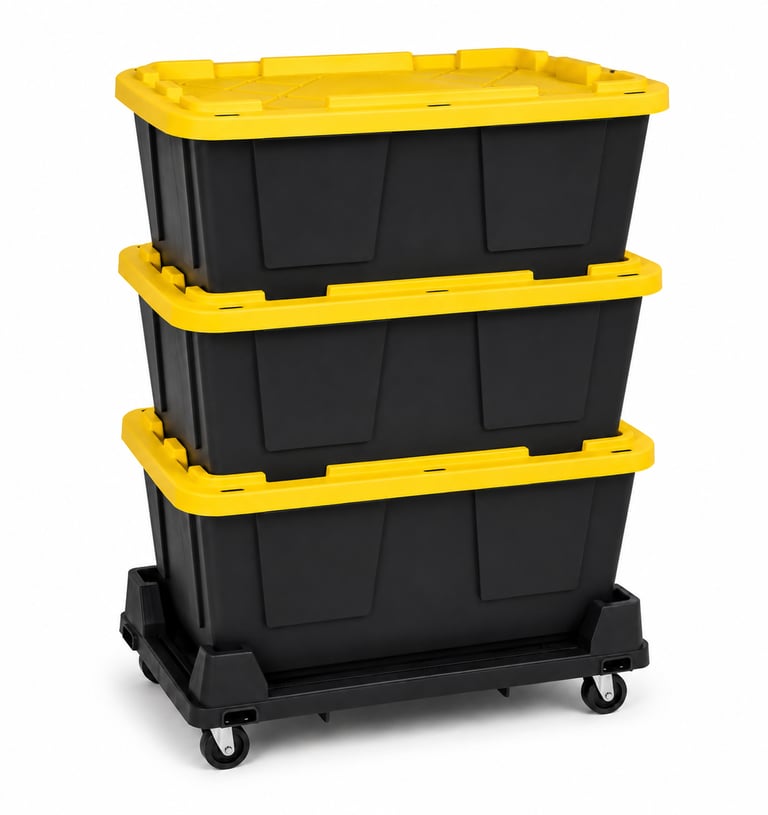 Three black totes with yellow lids on a black tote dolly