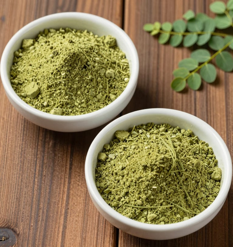 Powdered superfoods like wheatgrass and moringa leaf displayed in small bowls with fresh leaves around