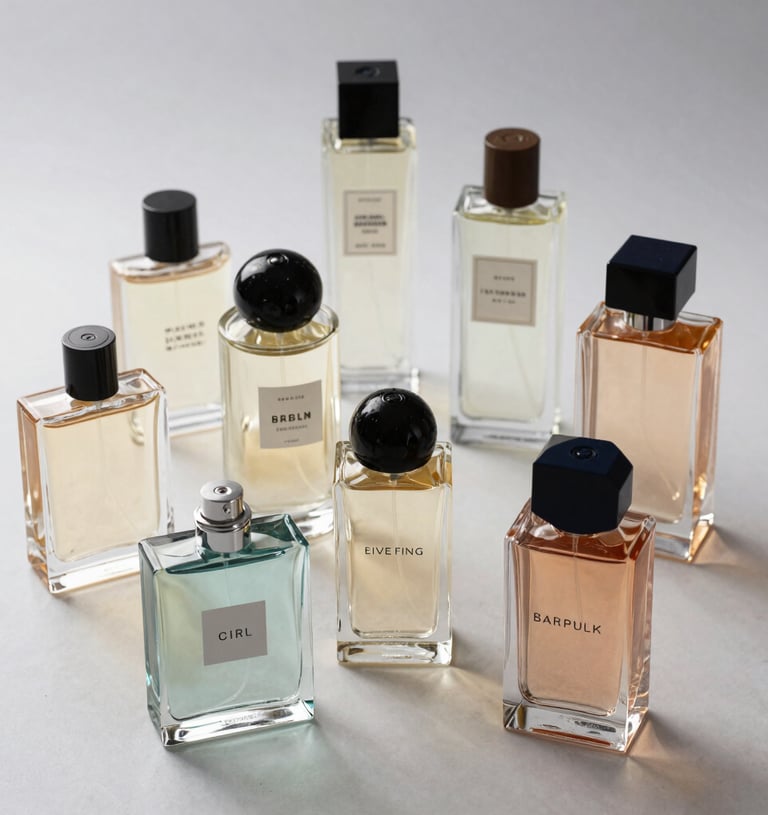 Collection of unisex perfumes displayed on a marble surface with natural light