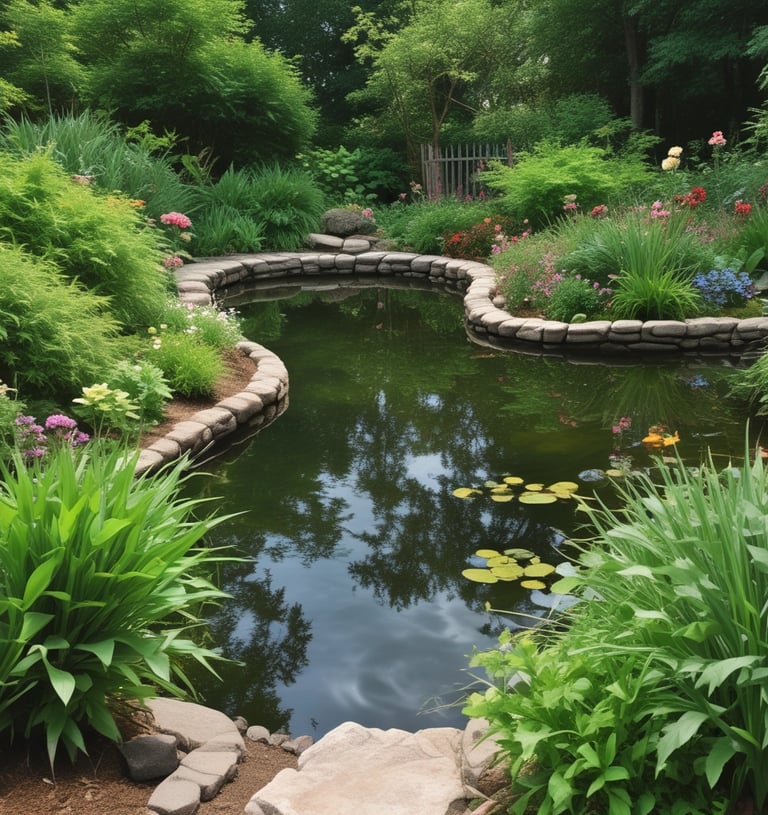 A serene backyard garden pond with stone edging, lily pads, and lush green landscaping plants.