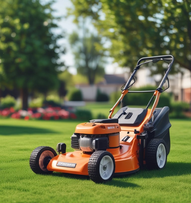 Orange gas-powered lawn mower on a lush green manicured lawn with trees in the background.