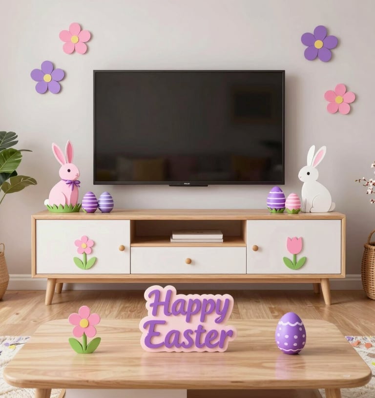 Seasonal 3D printed decorations including pumpkins and snowflakes on a cozy mantel