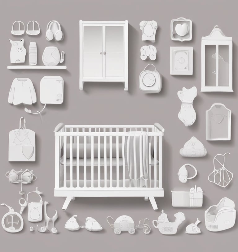 A bright and clean image of baby safety equipment like monitors and thermometers with a calm background.