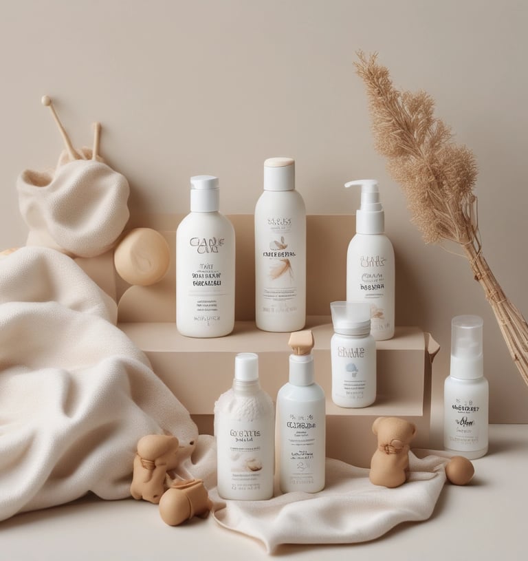 A gentle close-up of soft baby creams and lotions with natural ingredients displayed on a wooden surface.