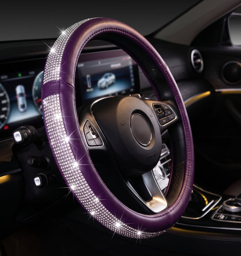 Purple leather car steering wheel cover with sparkling crystal rhinestones for interior car decoration.