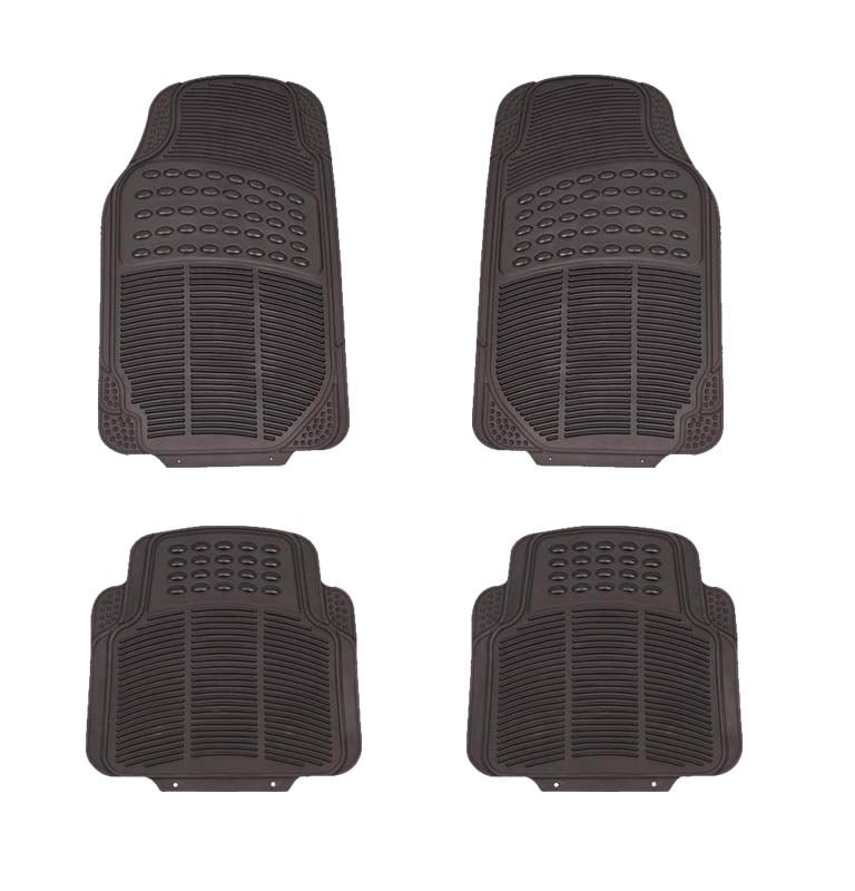 A set of four heavy-duty black rubber car floor mats designed for all-weather protection.