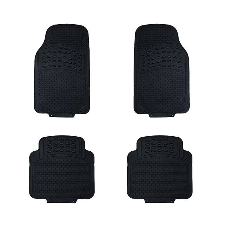 A set of four black rubber car floor mats designed to protect vehicle interiors from dirt and spills, ensuring durability