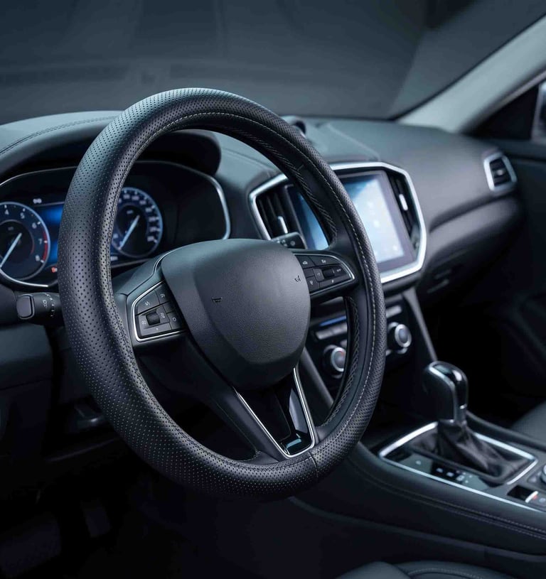 Black perforated leather steering wheel inside a modern car interior with digital dashboard display.