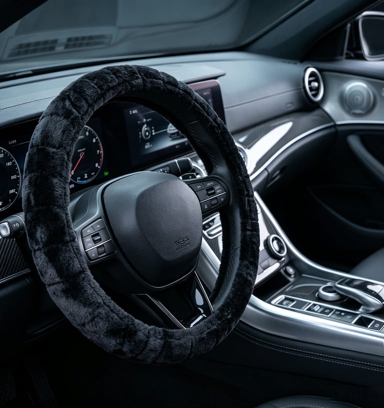 Black fluffy faux fur steering wheel cover installed on a modern luxury car dashboard.