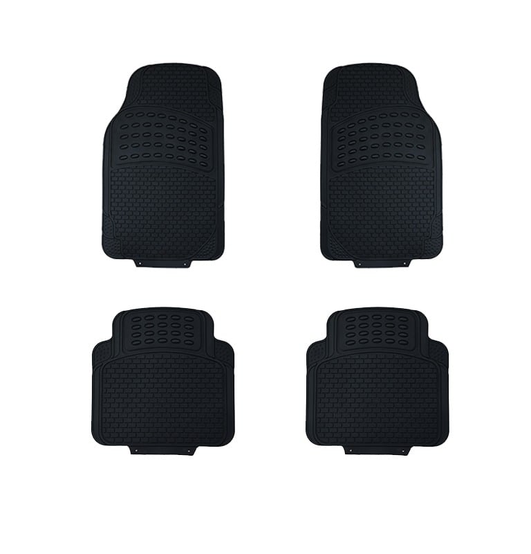 A set of four heavy-duty black rubber car floor mats with textured all-weather grip for vehicle protection.