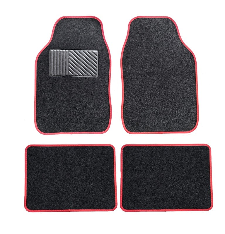 Four-piece set of black carpet car floor mats with red trim and a reinforced heel pad for interior vehicle protection.