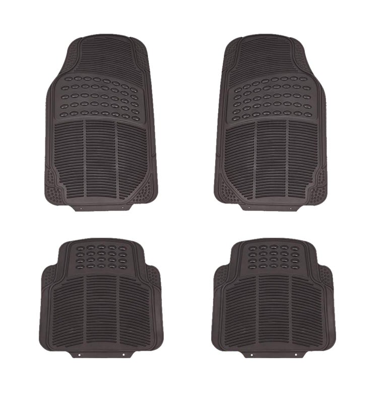 A set of four heavy-duty black rubber car floor mats designed for all-weather vehicle interior protection.