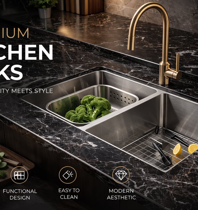 Modern double-bowl stainless steel kitchen sink installed in black marble countertops with a gold faucet.
