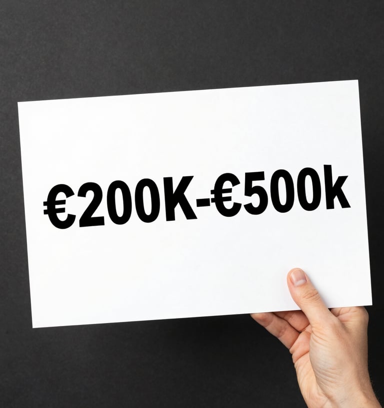 Hand holding a white sign displaying a 200k to 500k euro price range for business or real estate.