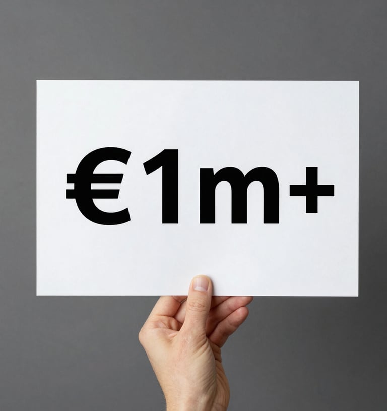 A hand holding a white sign showing the text €1m+ representing a one million euro investment.