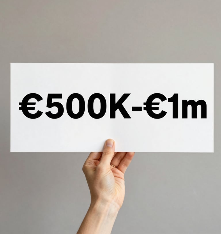 Hand holding a sign displaying a 500k to 1 million Euro budget range for financial investment.