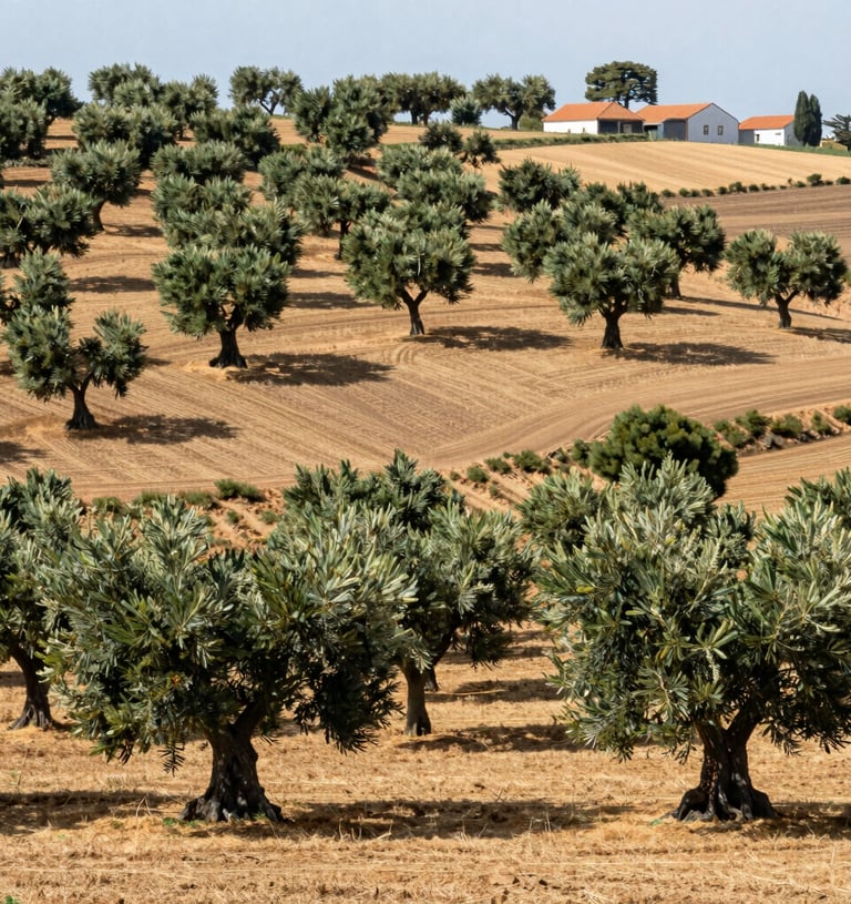 Panoramic view of a traditional olive grove on a sun-drenched hillside with white farmhouses.