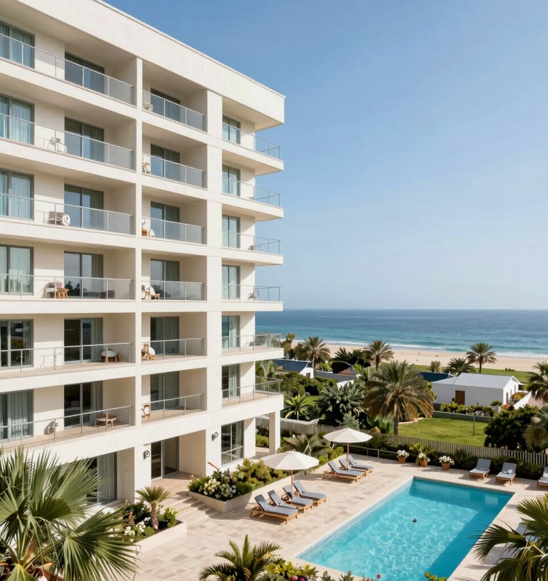 Luxury beach resort with ocean view balconies, tropical pool deck, and palm trees.