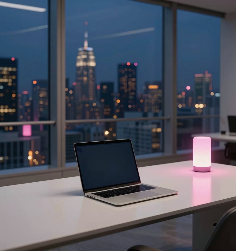 A laptop and glowing pink LED lamp on a modern office desk overlooking the New York City skyline at night.