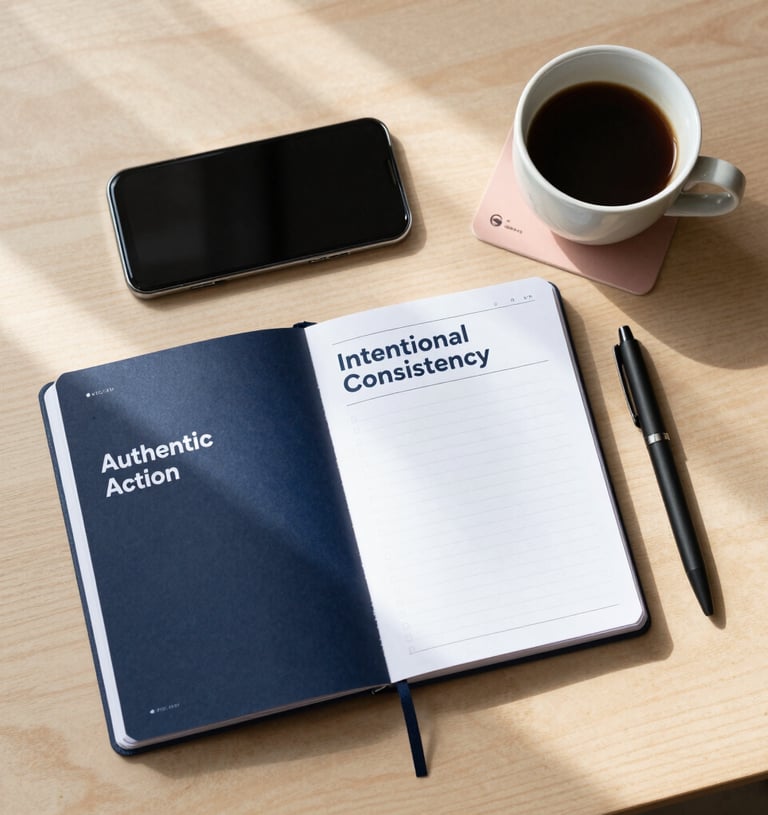 Open productivity planner on a desk with a smartphone, black coffee, and a pen.