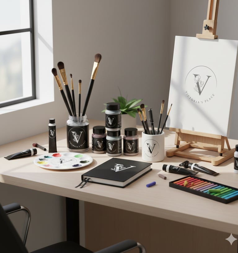 a desk with a painting easel and a painting