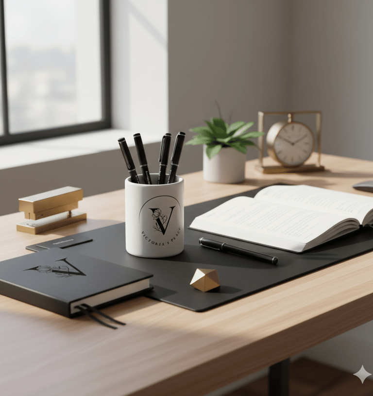 a desk with a notebook and pen and pencils