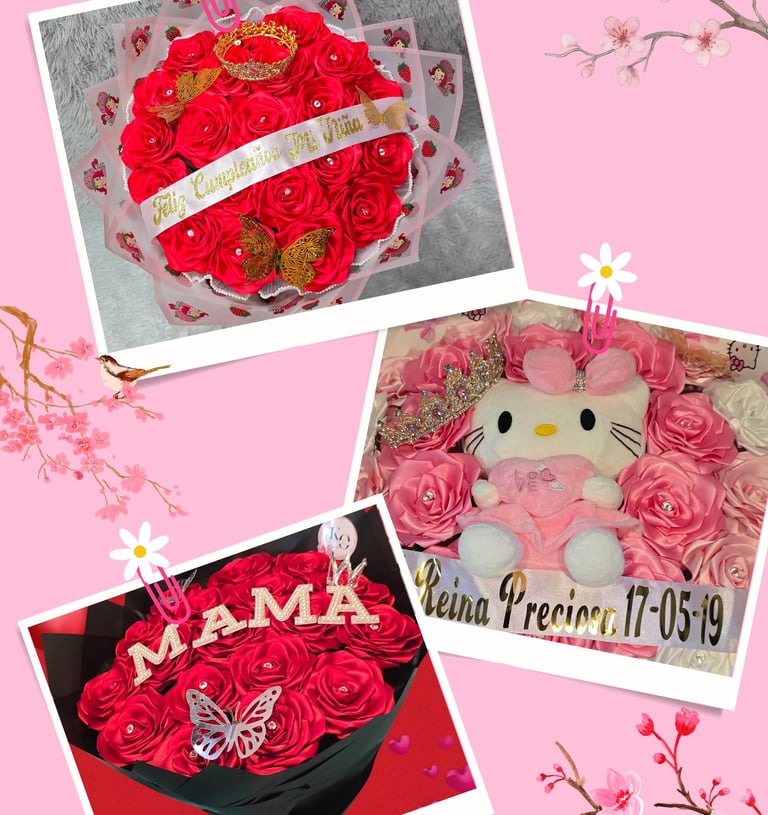 Ramos de rosas eternas hechas a mano color rojo y rosado son 3 ramos y uno tiene un pelluche de kity en el centro