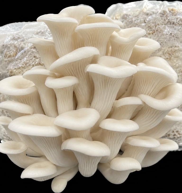 Fresh cluster of white elf oyster mushrooms growing from a substrate grain spawn bag.