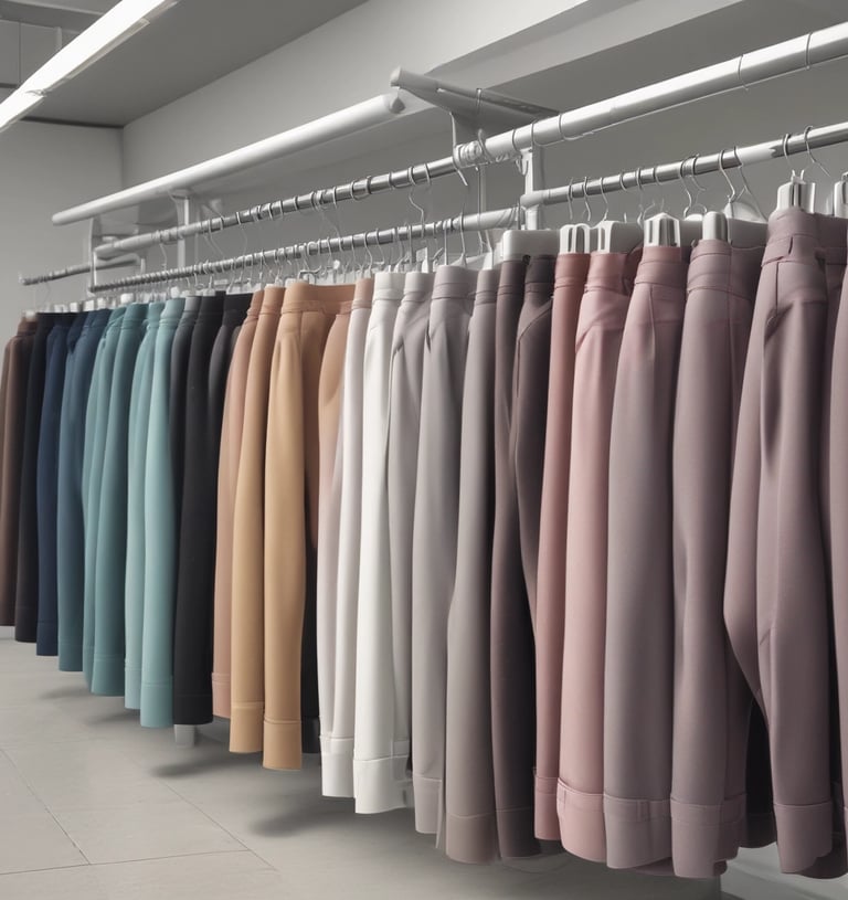 Plus size model styled in elegant pants with subtle pastel background indoors