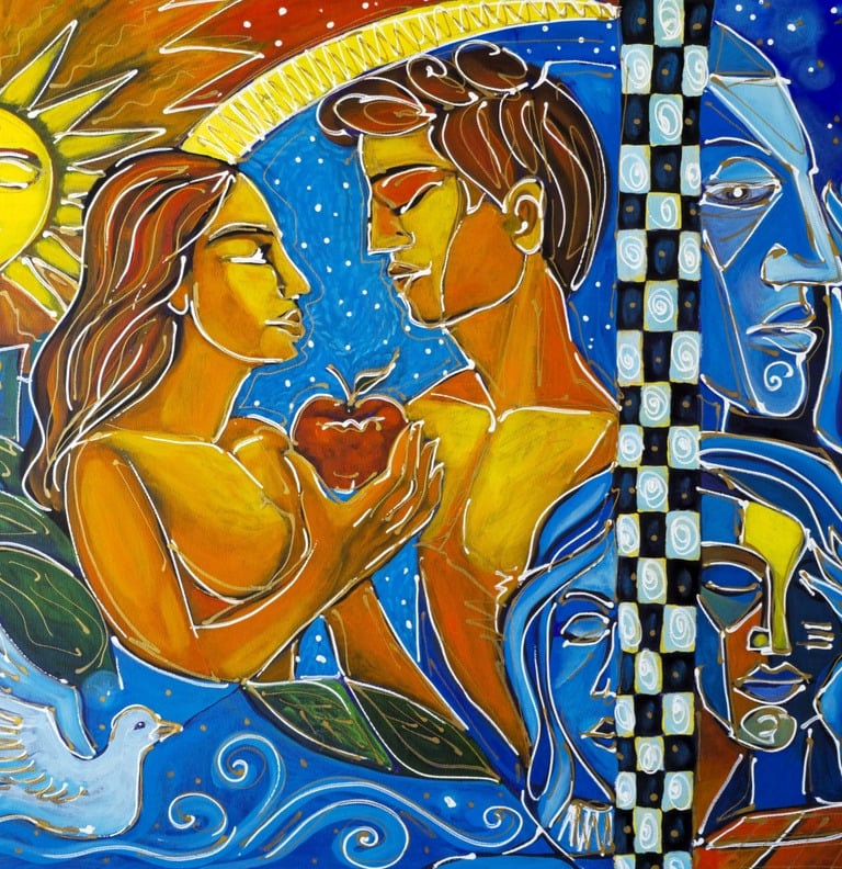 Abstraktes und figuratives Gemälde von Romeo Opincaru, lebendige Farben, Acryl auf Leinwand