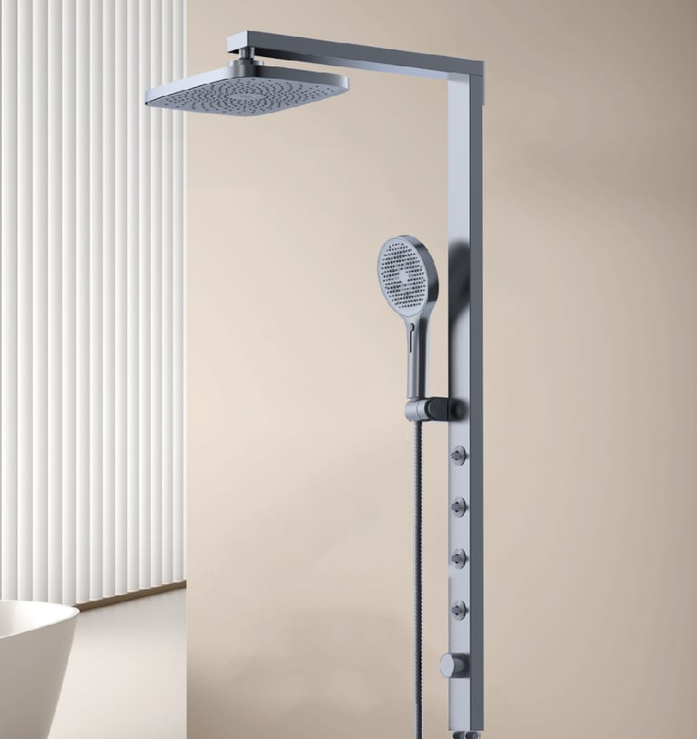 Modern brushed metal shower system with rainfall showerhead, handheld sprayer, and body jets.