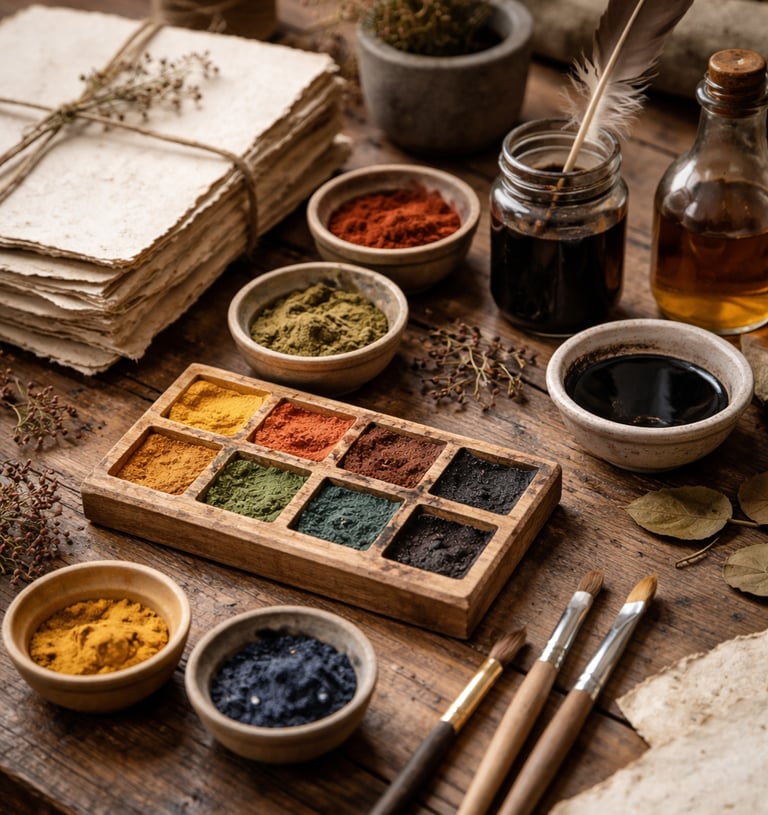 Hand made art materials on table-paint, ink, paper