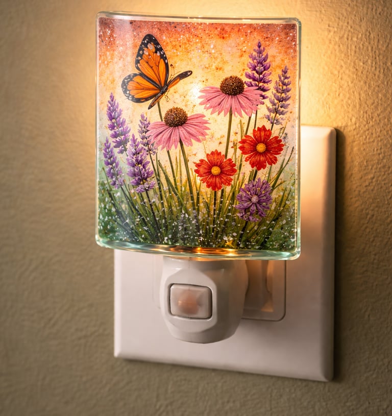 Fused glass night light cover with purple, orange and pink flowers and butterfly