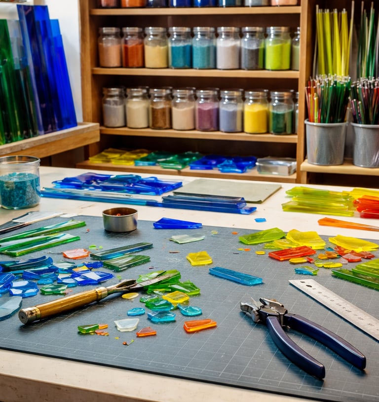 Fused glass studio table set up for teaching with glass and tools