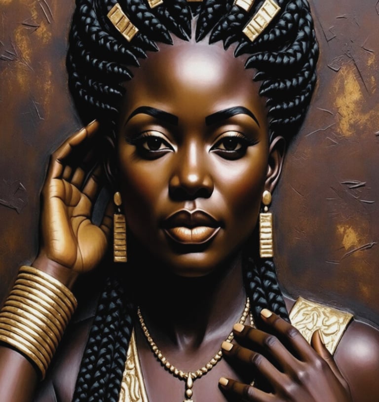 Portrait of a Black woman with intricate braids and gold jewelry in a textured oil painting style.