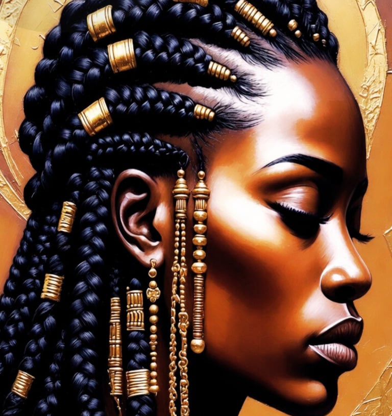 Black woman with intricate braided hair and gold jewelry accessories against a textured gold background.