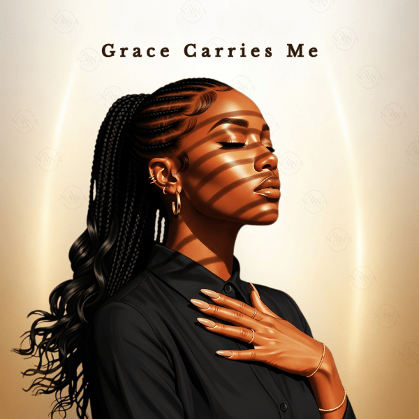 Digital illustration of a Black woman with braided hair and eyes closed, titled Grace Carries Me.