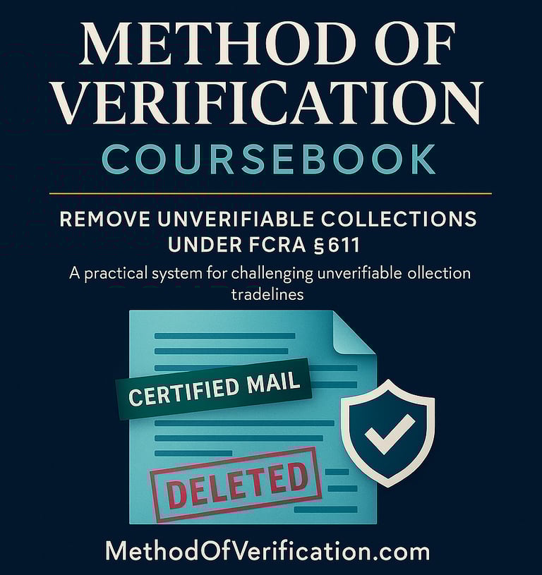 “Method of Verification coursebook cover showing certified mail and a deleted stamp under FCRA §611,