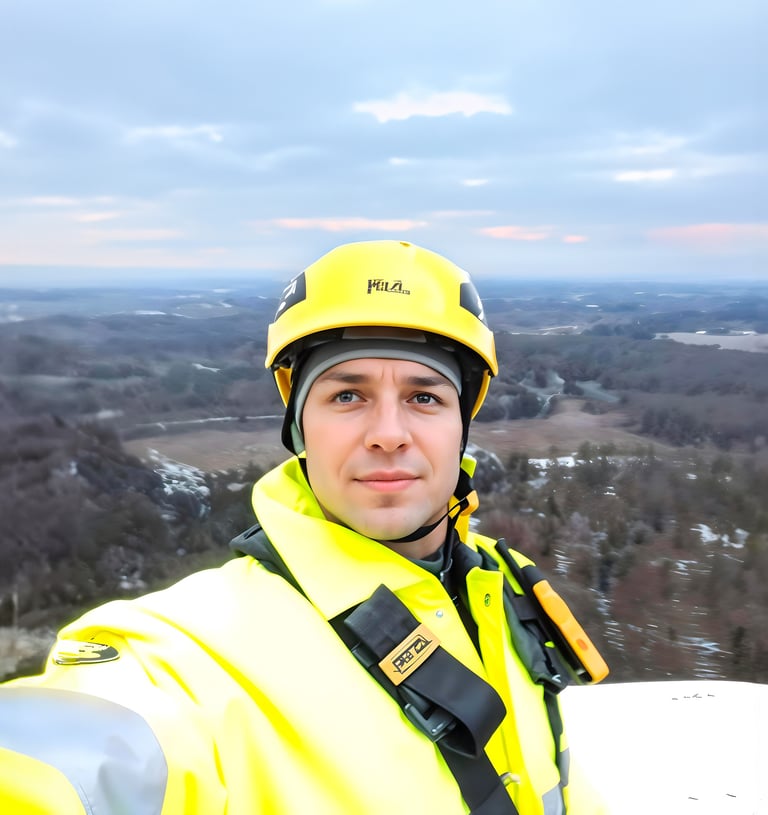 David Garcia Chico trabajando en un molino eólico vestido de trabajo