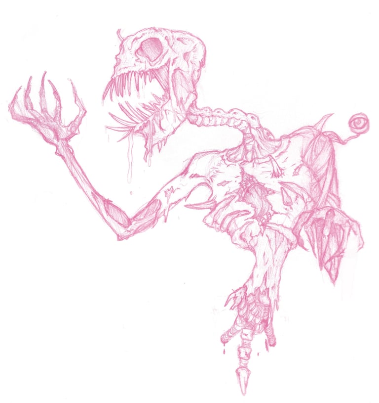 A drawing of a monster. horror creature are. Teeth, bones, claws, gore.