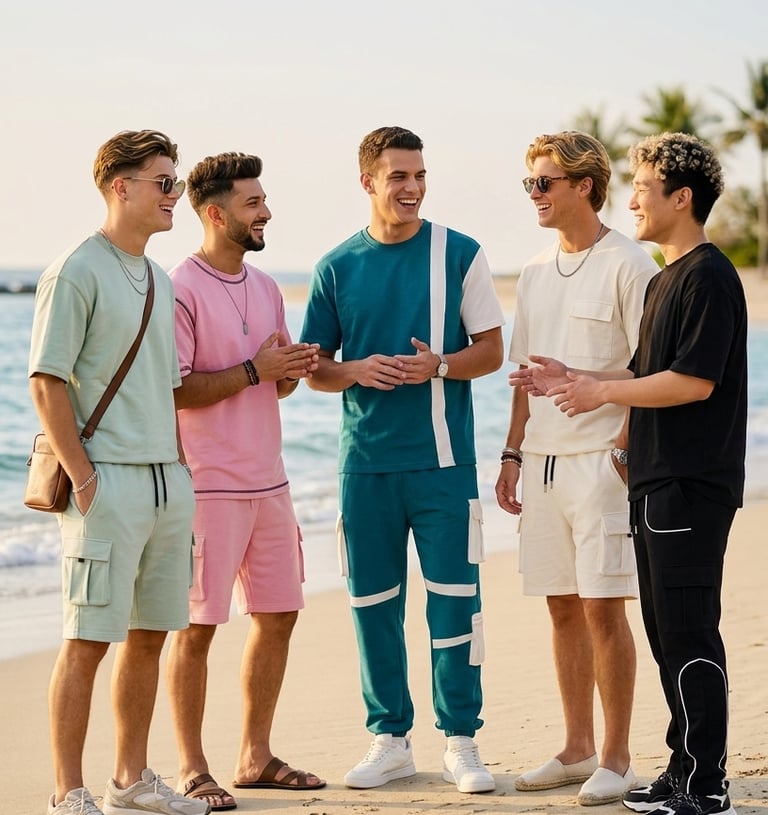 Five young men modeling trendy summer streetwear co-ord sets on a sunny tropical beach.