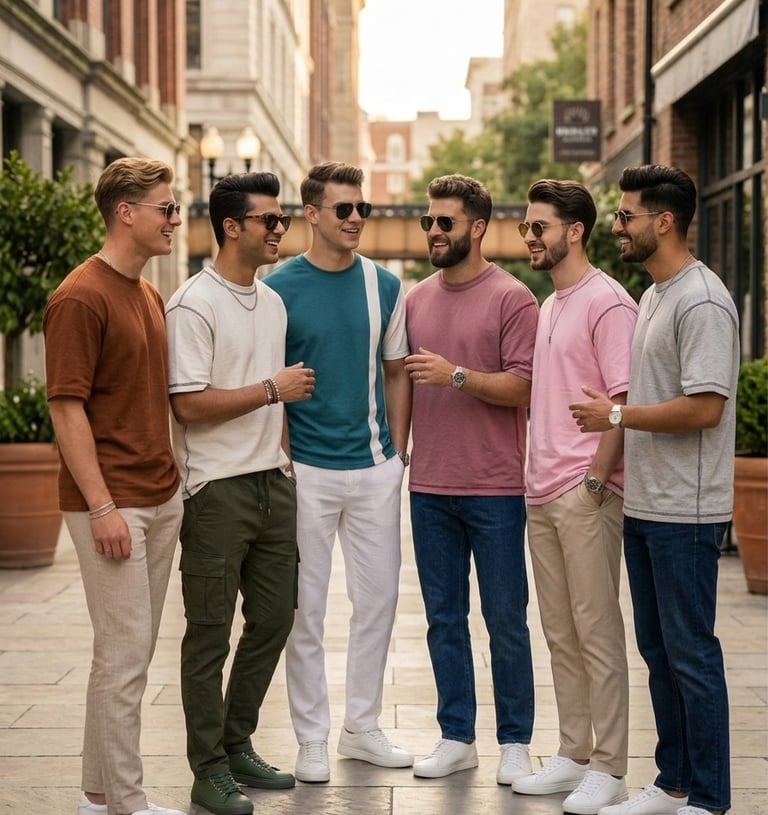 Group of stylish men in casual summer fashion by Loev and sunglasses walking on a city street.