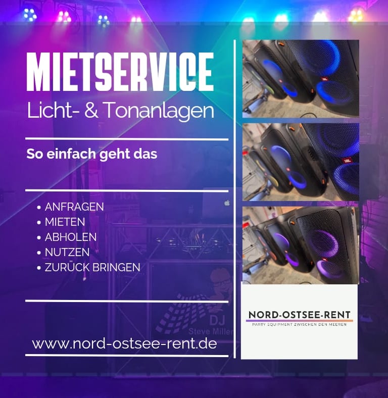 Verleih von Licht- und Tontechnik inklusive professioneller JBL-Partylautsprecher Neonbeleuchtung