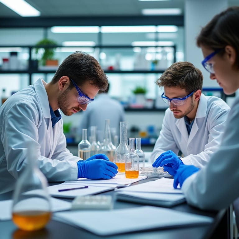 Científicos revisando reportes en laboratorio, representando el uso de GPT Personalizados en ciencia