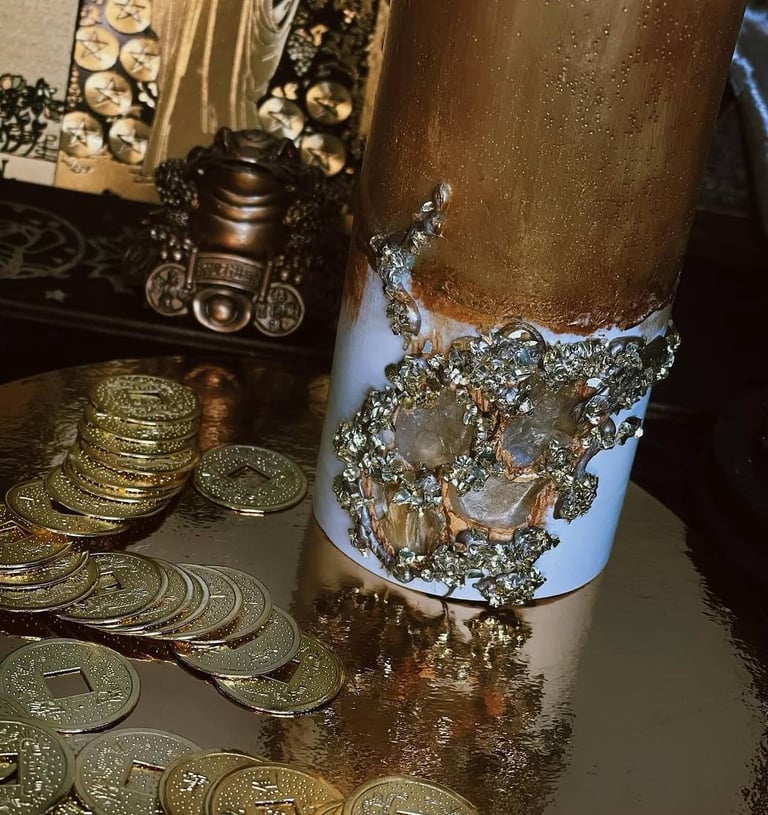 coins and a gold candle
