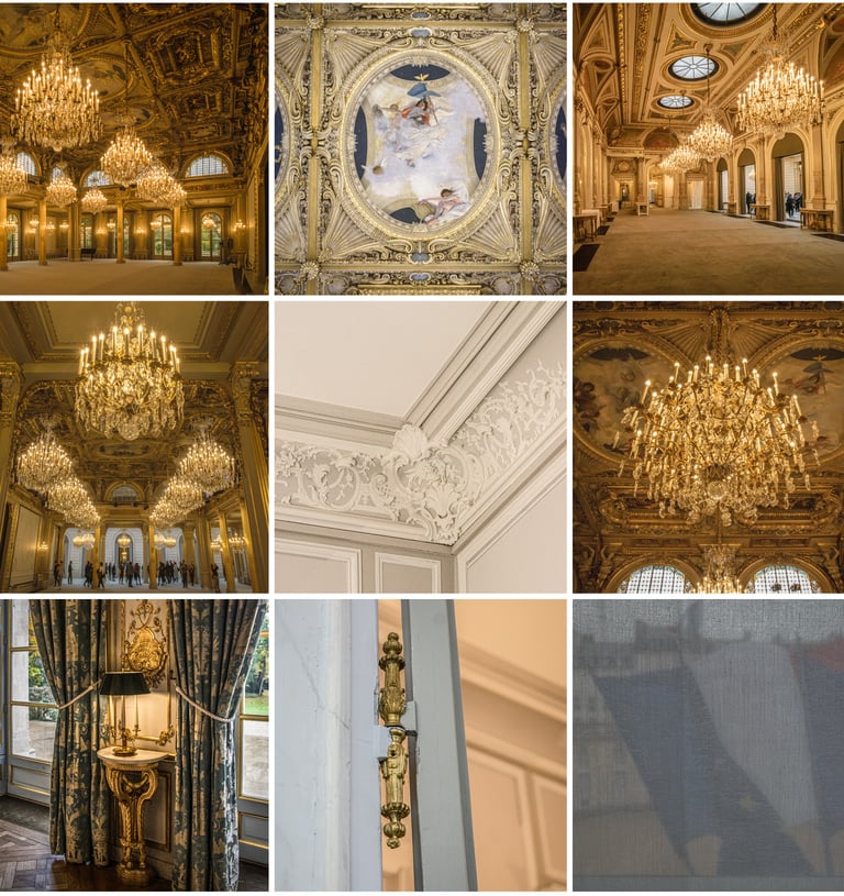 Ornate French palace interior with crystal chandeliers, gold leaf ceilings, and Renaissance frescoes.