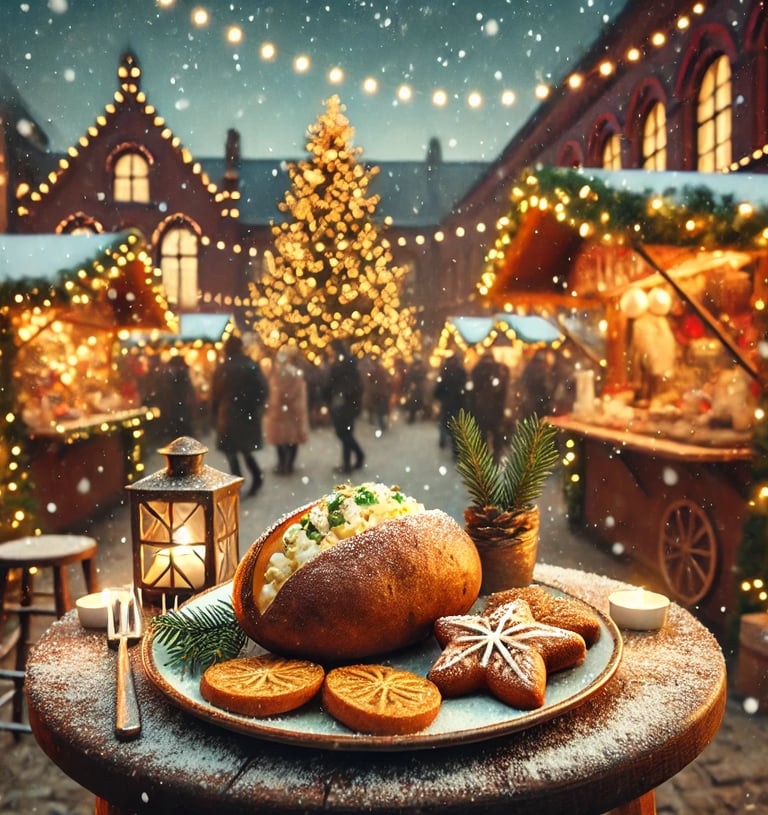 Weihnachtlicher Ofenkartoffel hübsch präsentiert vor der Kulisse eines urbanen Weihnachtsmarktes