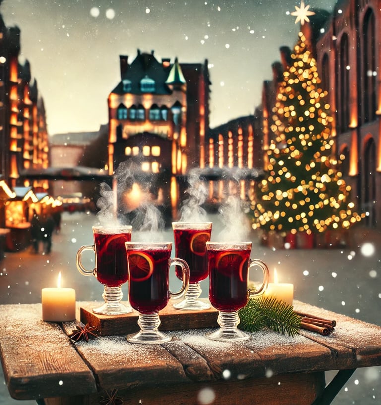 Mehrere heiße Punschgläser auf einem Stehtisch präsentiert vor einer urbanen Weihnachtskulisse